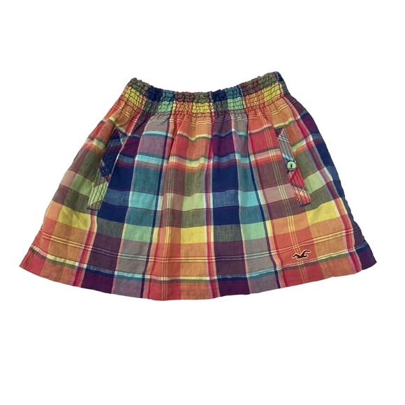 Hollister Plaid Multi Color Lined Skirt Pull on 2 Front Pockets Size Small Linen - Picture 5 of 13